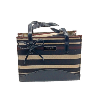 Kate Spade black @ cream striped mini bag w/ leather bottom & double handle